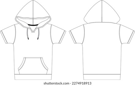 Technical Sketch hoodie, short sleeve hoodie tees, hoodies outline design blank template. front and back, drawing flat sketches with Vector Illustration