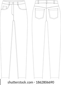 Technical sketch of jeans with pockets. Front and back. Illustration for apparel design, tech packs, fashion production