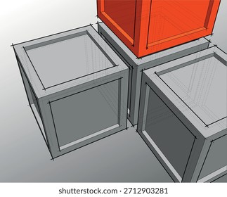 Boceto técnico de contenedores geométricos unidos