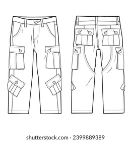 Technical sketch of kid's cargo pants vector template, cargo trousers front, and back view, isolated on white background.