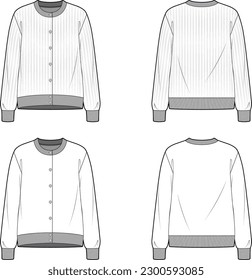 Technical sketch of knit cardigan design template. Front and back view white cardigan mock up. Vector illustration. Round neck button down placket jumper with rib trims. Fashion graphic top item.