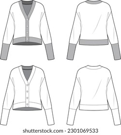 Technical sketch of knit cardigan design template. Front and back view white cardigan mock up. Vector illustration. V neck button down placket jumper with rib trims. Fashion graphic top item.