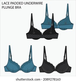 Technical Sketch of LACE PADDED AND WIRED PLUNGE BRA in teal and black color fashion flat editable vector sketch