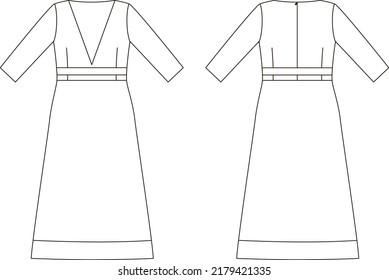 Technical Sketch Of Maxi Length Dress. Back And Front View