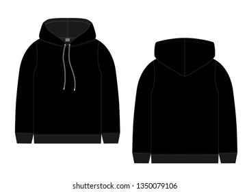 Technical sketch for men black hoodie. Mockup template hoody. Front and back view. Technical drawing kids clothes. Sportswear, casual urban style. Isolated object of fashion stylish wear