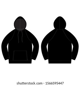 Technical sketch for men hoodie in black color. Technical drawing male casual clothes. Front and back view. Vector illustration