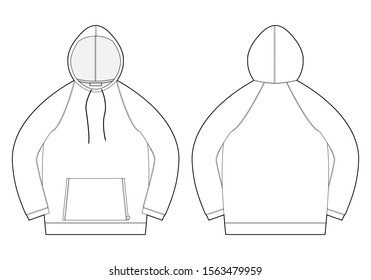 Technical sketch for men hoodie. Front and back view. Technical drawing male clothes. Sportswear, casual urban style. Isolated object on white background. Vector illustration