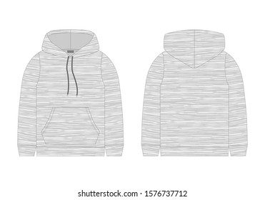 Technical sketch for men hoodie in melange fabric. Mockup template hoody. Technical drawing kids clothes. Sportswear, casual urban style. Front and back view. Isolated object of fashion stylish wear