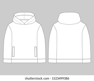 Technical sketch for men hoodie. Mockup template hoody. Technical drawing kids clothes. Front and back view. Casual urban style. Isolated on gray background. Vector illustration