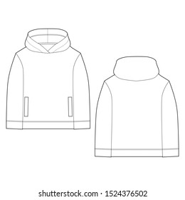 Technical sketch for men hoodie. Template hoody. Technical drawing kids clothes. Sportswear, casual urban style. Isolated object of stylish wear. Vector illustration