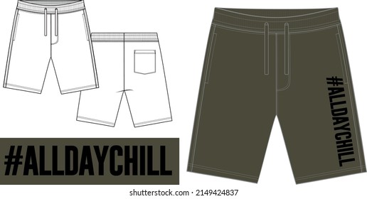 Technical sketch of men's boy's streetstyle fashion spring summer shorts with slogan