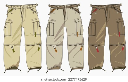 technical sketch of mens cargo pants camel, Men Boys Cargo Pocket Pant fashion flat sketch template, MEN AND BOYS BOTTOM WEAR CARGO PANT