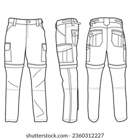 Technical sketch of men's cargo pants vector template, cargo trousers front, back, and side view, isolated on white background.