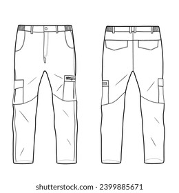 Technical sketch of men's cargo pants vector template, cargo trousers front, and back view, isolated on white background.
