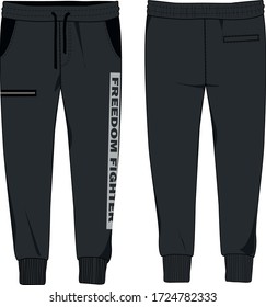 technical sketch of mens jersey joggers with slogan