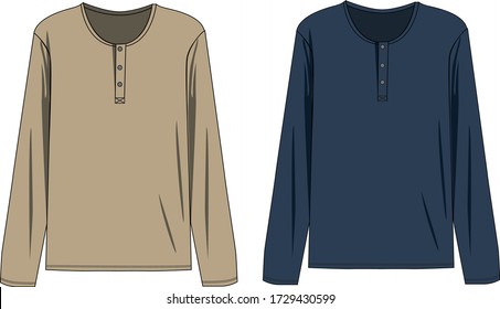 technical sketch of mens long sleeve shirt with round neckline 