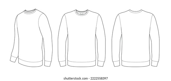 Technical sketch Men's white blank long sleeve shirt sweatshirt template (front-face, back and side-full face angle) vector isolated on white  background mock up shape for your print design.  