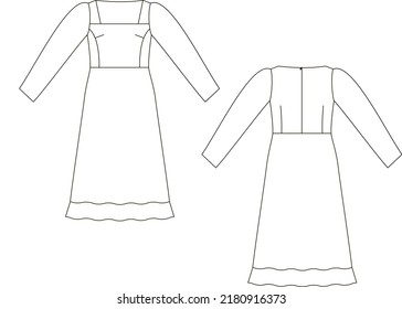technical sketch of middle length dress. Back and front view
