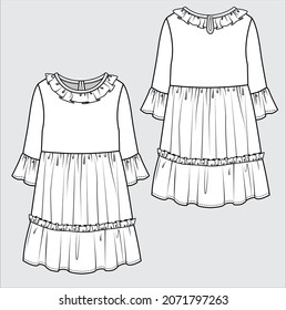 TECHNICAL SKETCH OF MIDI DRESS FOR KIDS AND TEEN GIRLS  IN VECTOR FILE