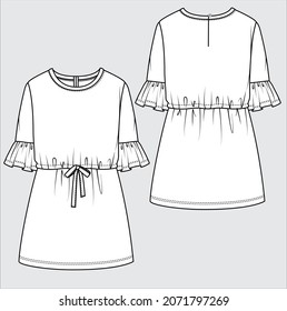 TECHNICAL SKETCH OF MIDI DRESS FOR KIDS AND TEEN GIRLS  IN VECTOR FILE