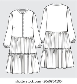 TECHNICAL SKETCH OF MIDI DRESS FOR WOMEN IN VECTOR FILE