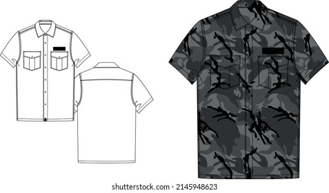 Technical sketch military shirt with camouflage seamless pattern 