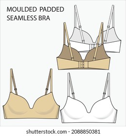 Technical Sketch of MOULDED PADDED SEAMLESS BRA in beige and white color. Editable vector file of fashion flat sketch.