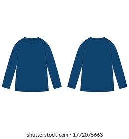 Technical sketch navy blue color raglan sweatshirt. Childrens wear jumper design template. Front and back view. Vector illustration