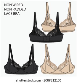 Technical Sketch of NON WIRED NON PADDED LACE BRA in beige and black color fashion flat editable vector sketch