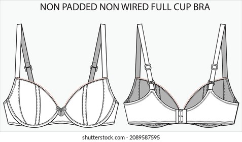Technical Sketch of NON  WIRED NON PADDED FULL CUP BRA in editable vector sketch