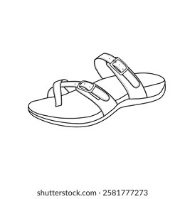 Technical sketch of orthopedic sandals for women wide width adjustable comfort orthotic flip flops with arch support line art. Flat sketch vector. Isolated on a white background