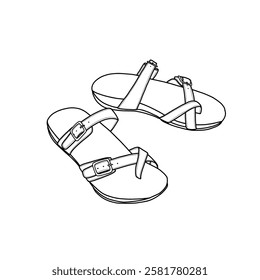 Technical sketch of orthopedic sandals for women. Flip flops with arch support suitable for beach, vacation, walking, shopping line art, and flat sketch vector. Isolated on a white background