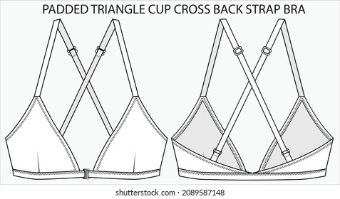 Technical Sketch of PADDED TRIANGLE CUP CROSS BACK STRAP BRA in editable vector sketch
