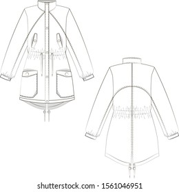 The technical sketch of a parka jacket with raglan sleeves