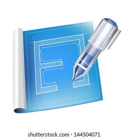 technical sketch and pen isolated on white