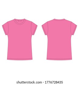 Technical sketch of pink tee shirt isolated on white background. T-shirt blank template. Childrens casual style. Front and back. Vector illustration.