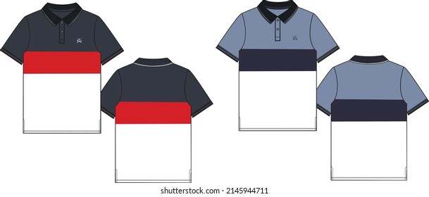 Technical sketch polo-shirt with color block and in sea marine style