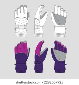 technical sketch of purple warm winter ski gloves