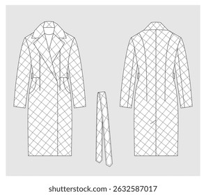 technical sketch of a quilted wrap-over coat jacket with a dart in the middle, an English collar and inset pockets, from the front, the top and the shelves are separate, front and back view