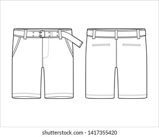 Technical sketch shorts pants with belt design template. Fashion vector illustration on white background