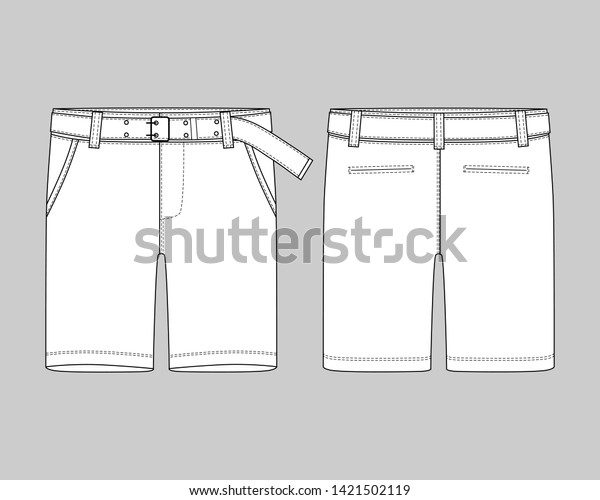 Technical sketch shorts\
pants with belt design template. Fashion vector illustration on\
gray background