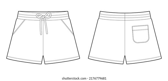 Plantilla de diseño de pantalones cortos de esbozo técnico. Pantalones cortos con bolsillos y encaje. Burla de CAD. Delante y atrás. Ilustración vectorial de moda.