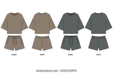 Boceto técnico de pantalones cortos con bolsillos y camiseta de manga corta vista frontal y trasera, Vector. Conjunto de ropa casual de algodón para el deporte y el ocio. Dibujo plano de pijama en colores beige y gris