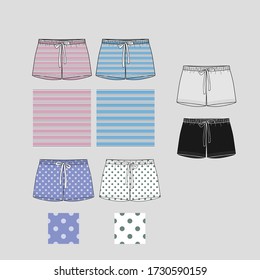 Technical sketch of shorts with print pattern. Front part. Fashion sketch of printed pants. 