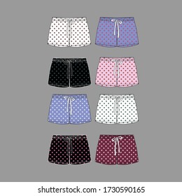 Esbozo técnico de cortos con patrón de impresión con puntos de polka. Parte delantera. Esbozo de moda de los pantalones impresos. 