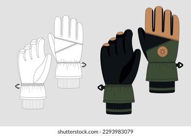 technical sketch of ski gloves, black and white and color sketch, design fashion flat sketch template