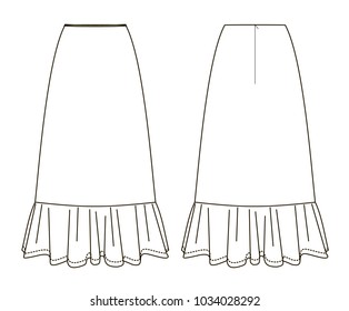 technical sketch of skirt with long ruffle back and front view