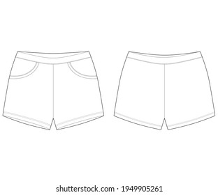 Technical sketch sleep shorts pants design template. Elastic sport shorts. Fashion vector illustration on white background. CAD mockup