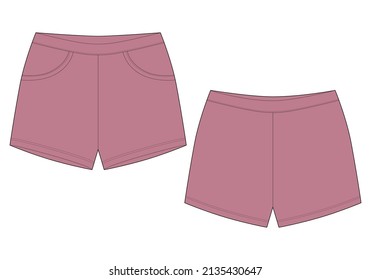 Technical sketch sleep shorts pants design template. Elastic sport shorts mockup. Pudra color. Fashion vector illustration. CAD design