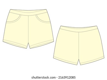 Technical sketch sleep shorts pants design template. Milk color. Elastic sport shorts. Casual clothes. Front and back. Fashion vector illustration. CAD mockup